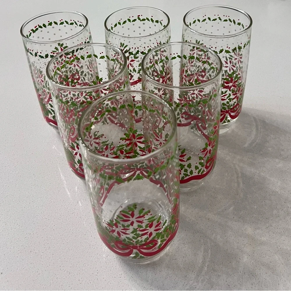 Vintage Christmas Holly Red Ribbon Texture Snow Drink Glasses 5” Set Of‎ 6